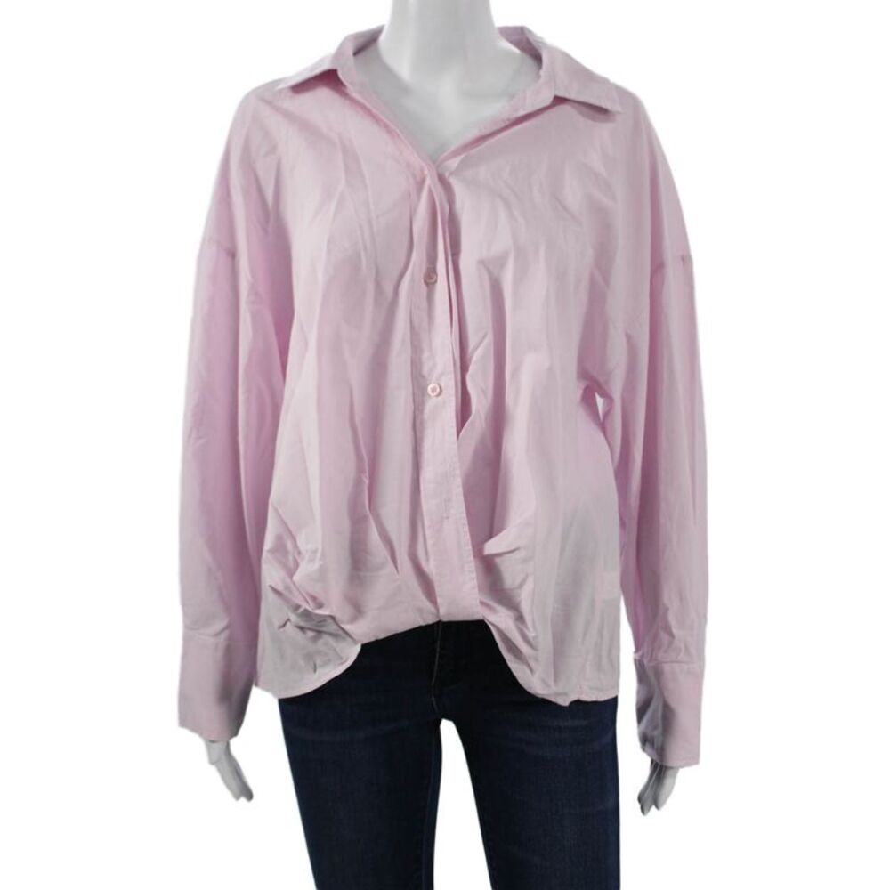 Stateside Women Basic Collared Cotton Button-Up Blouse Long Sleeve Pink Size L